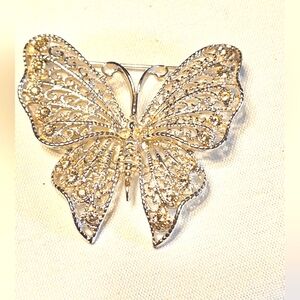 Vintage Silver Tone Rhinestone Filigree Butterfly Brooch